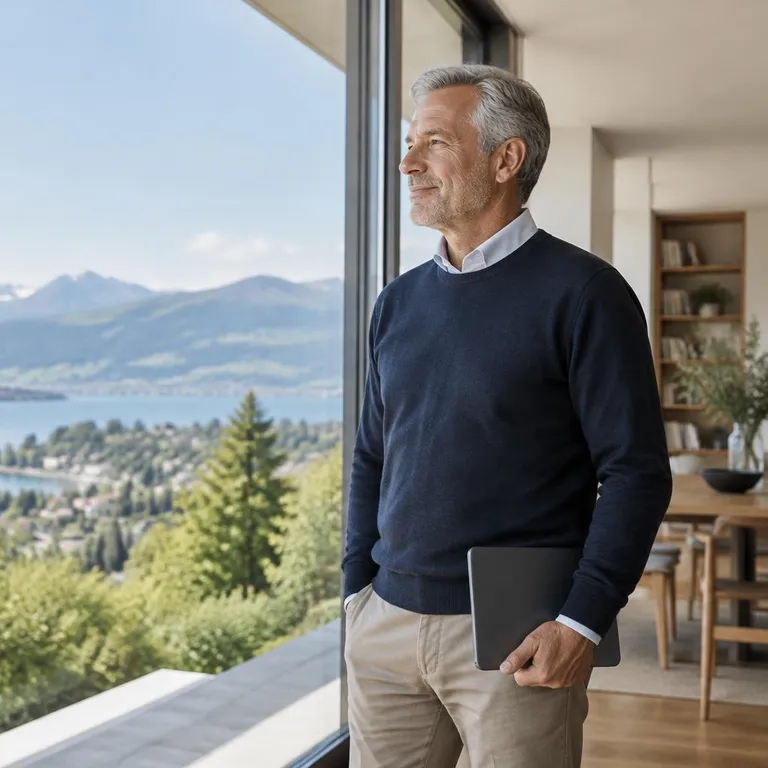 Mann mit Tablet blickt aus einem grossen Fenster über See und Berge